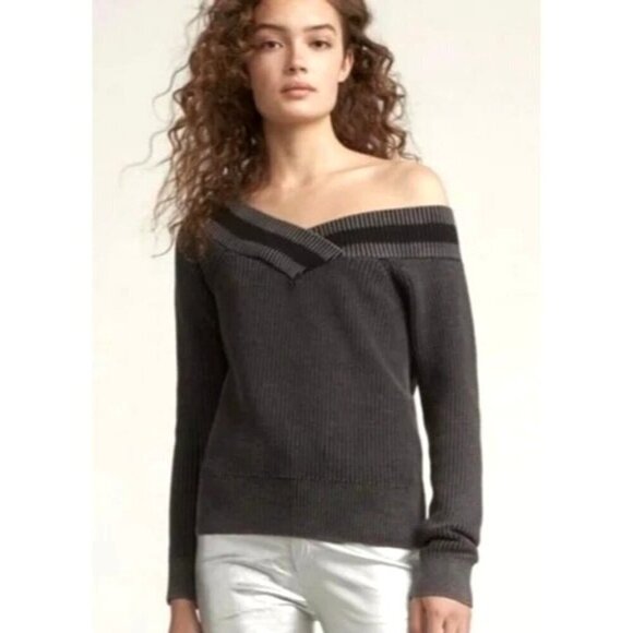 Rag & Bone Sweater Women Small Black Gray Ribbed Knit Off The Shoulder Dawn - Picture 1 of 12